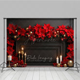 Aperturee Aperturee Elegant Christmas Fireplace Photography Backdrop Black Mantel with Red Poinsettias Holiday Studio Photo Prop